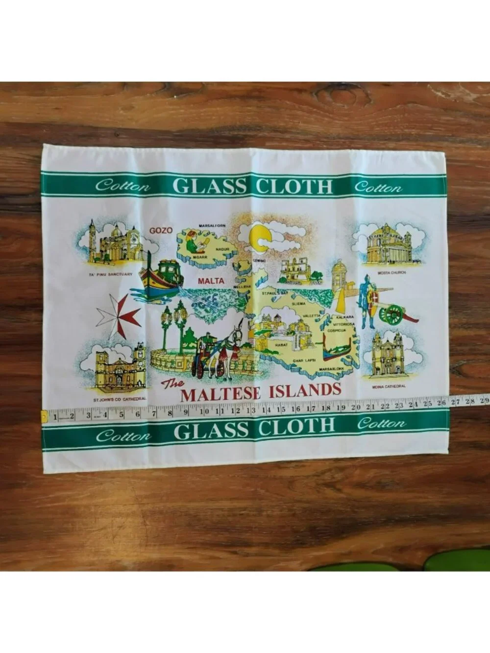 Vintage Cotton Tea Towel, The Maltese Islands, Map & Landmarks, Malta Souvenir